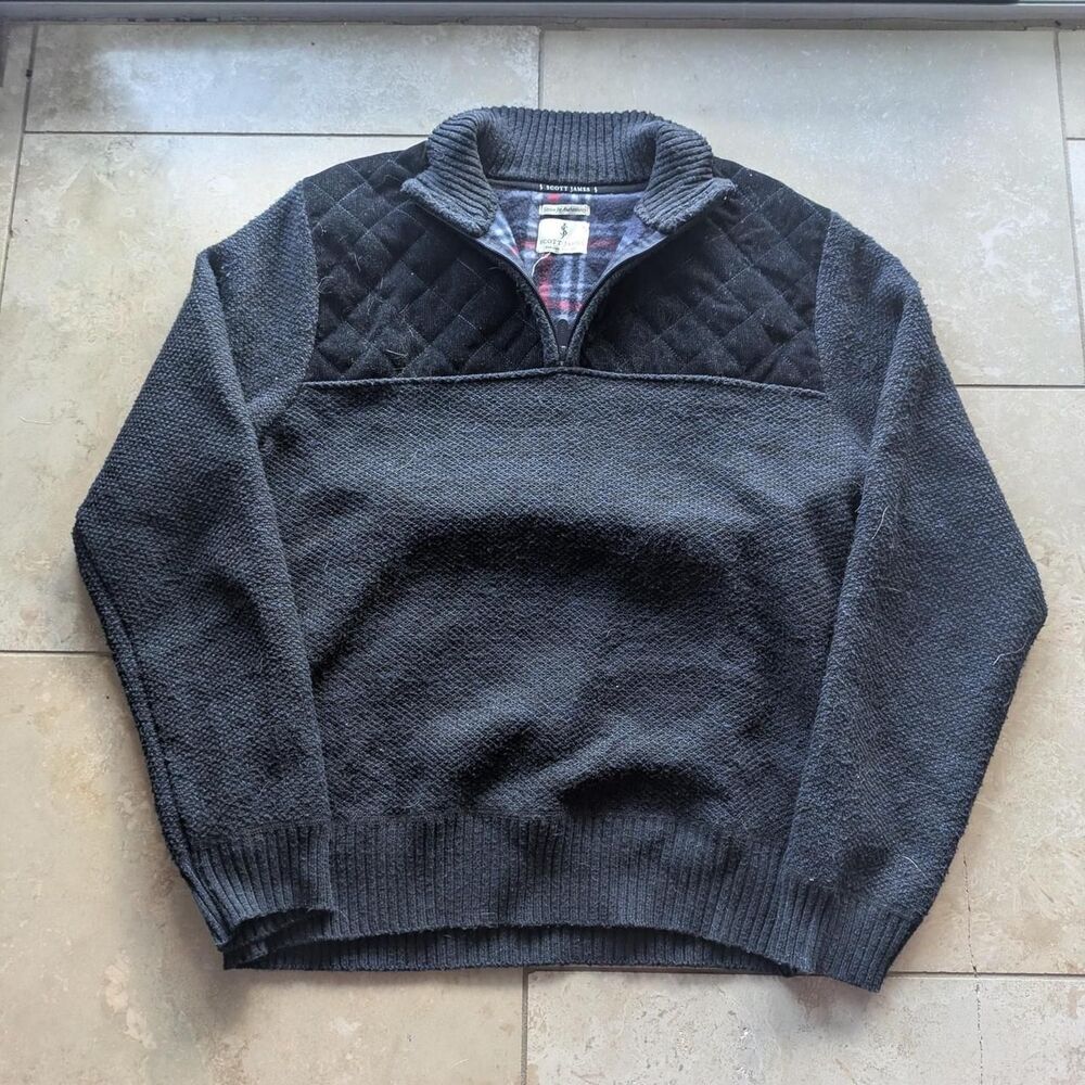 Scott James charcoal grey quarter zip sweater with quilted shoulder panels and p